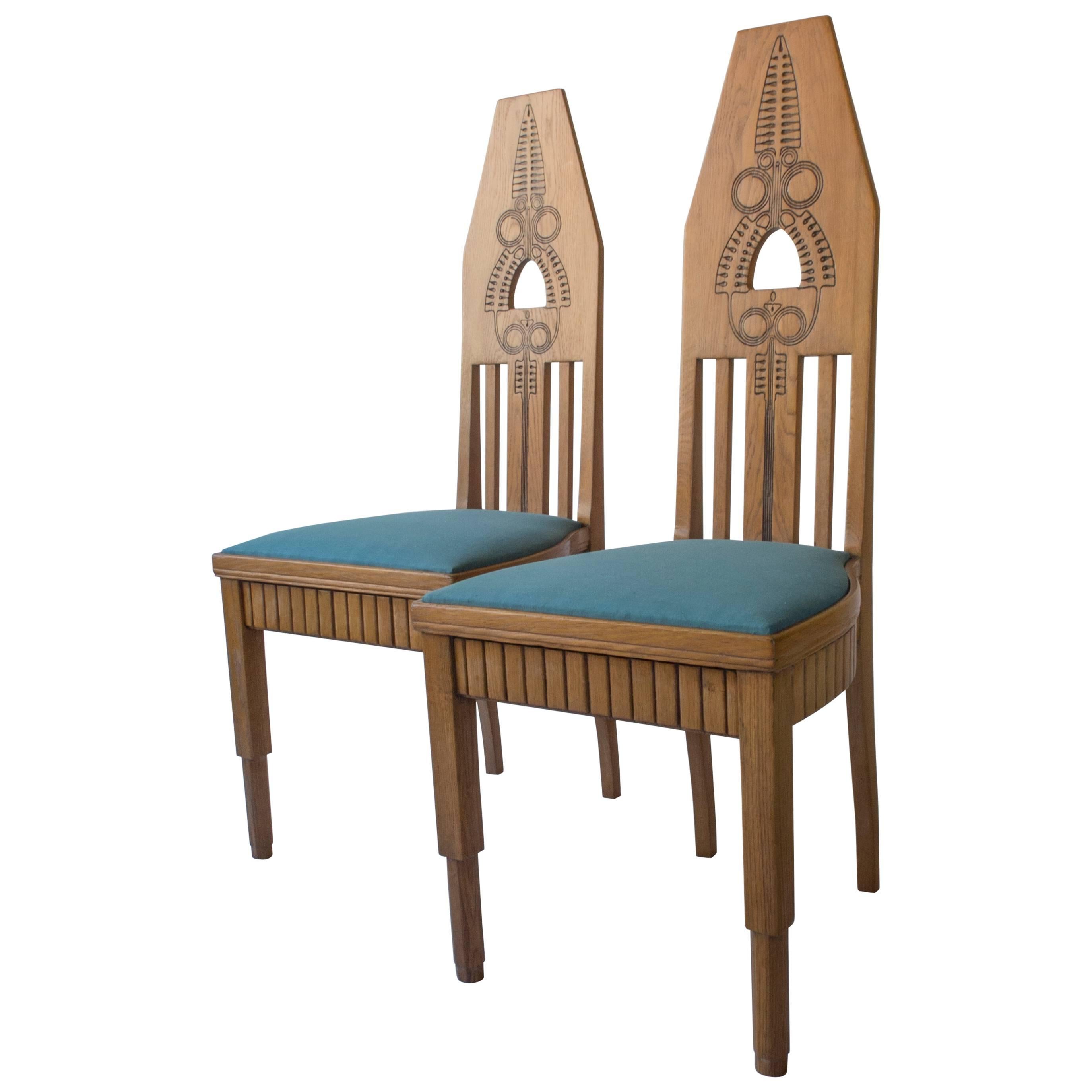 Pair of Finnish Carved Oak High-Back Jugend Chairs For Sale