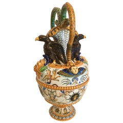 Exceptional Majolica Urn Vase with Serpent Handles and Mythological Figures