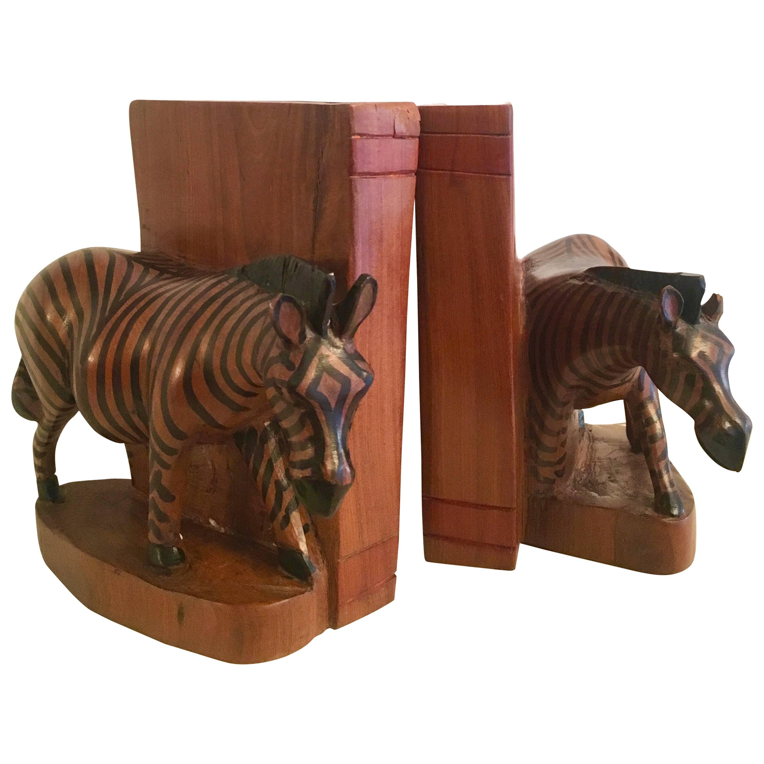 Pair of Hand-Carved Zebra Bookends from Kenya