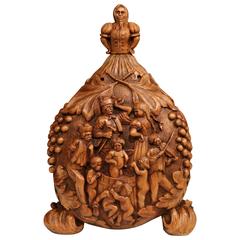 19th Century Austrian Carved Walnut Flask with Coat of Arms and Pastoral Scene