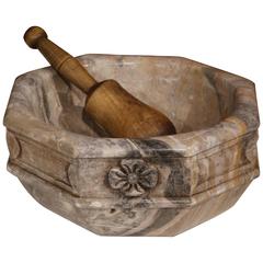 19th Century, French Carved Marble Apothecary Mortar with Walnut Pestle
