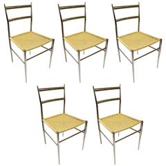 Five Single Gio Ponti Style Chrome "Superleggera" Style Dining Chairs