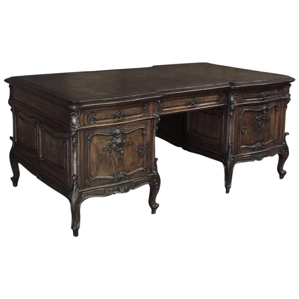 Antique Country French Sculpted Oak Partner's Desk with Faux Leather Top