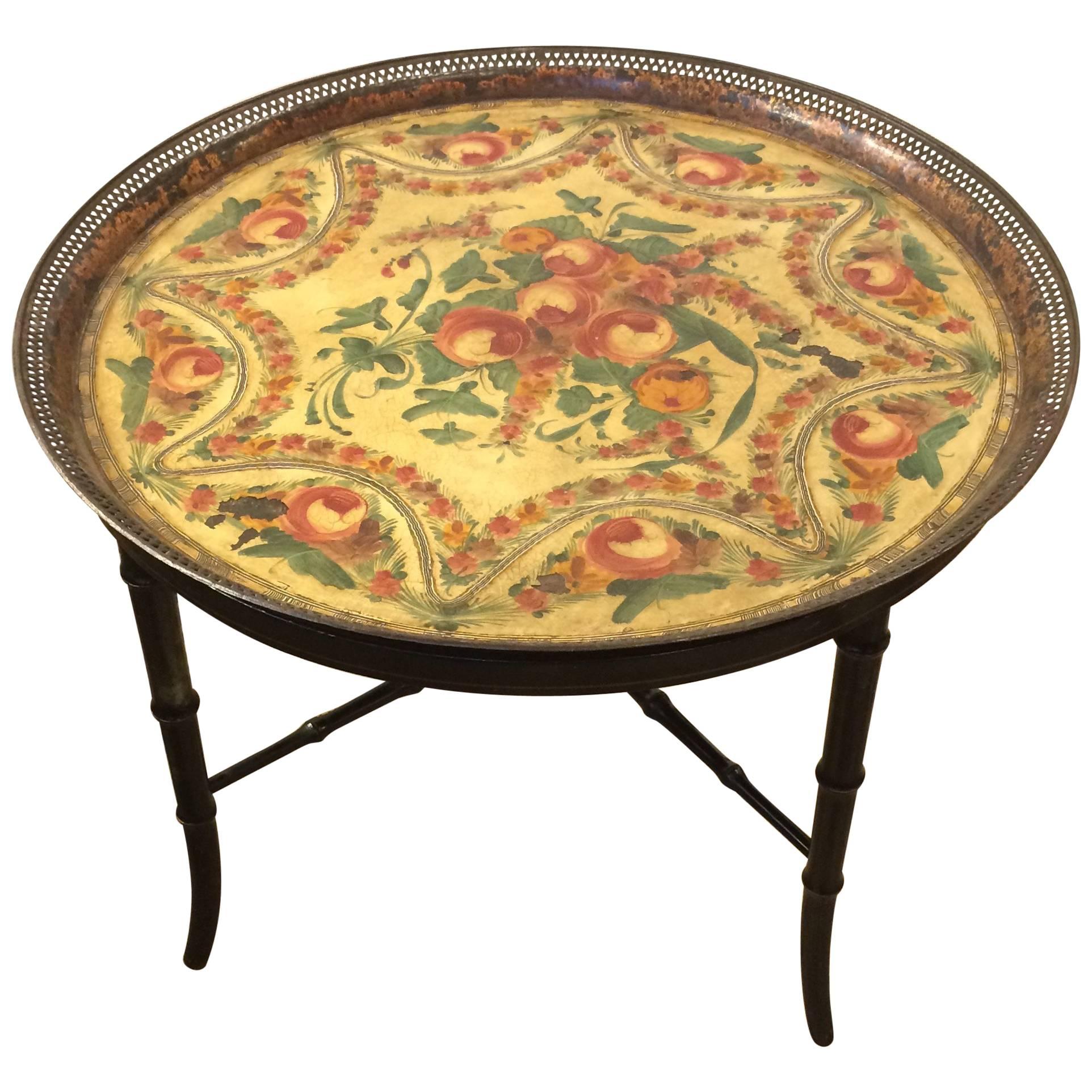 Charming Painted Tole Tray Side Table