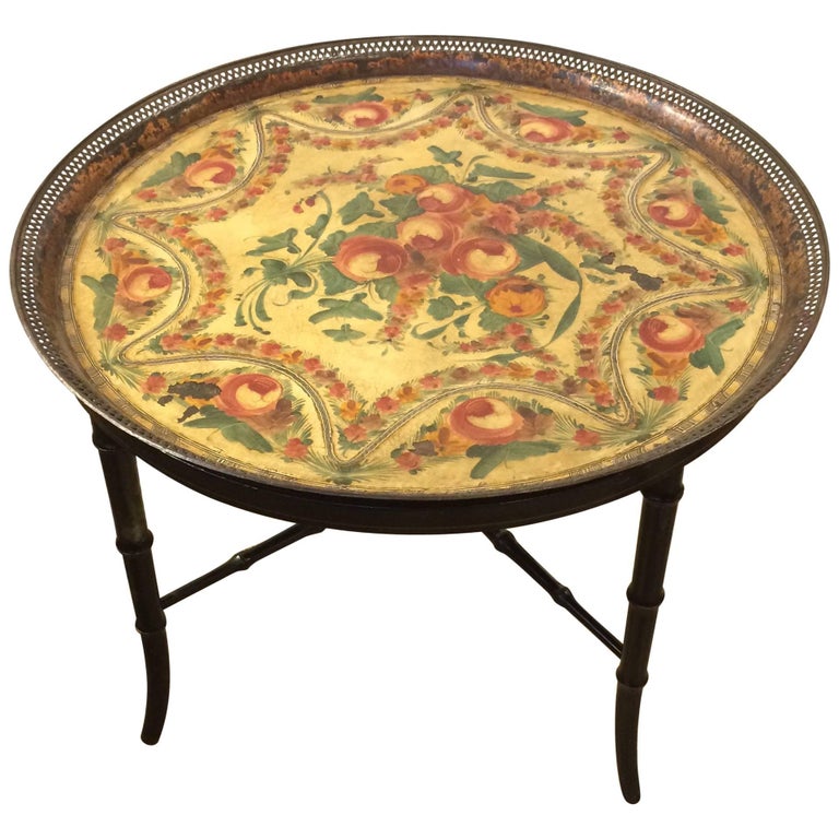 Charming Painted Tole Tray Side Table For Sale at 1stDibs