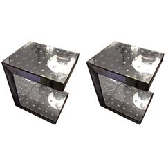 Super Cool Pair of Antiqued Bullseye Mirrored End Tables