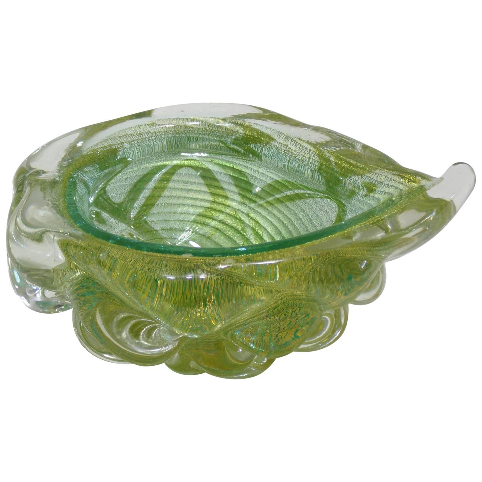 Emerald Swirl with Aventurine Handblown Murano Glass Leaf Shaped Dish  For Sale