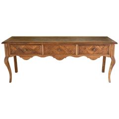Long French Oak Parquetry Sideboard with Three Drawers and Cabriole Legs