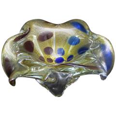 Magnificent Cobalt and Maroon Polka Dot Handblown Murano Glass Bowl