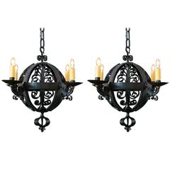 Pair Black Spanish Hand-Forged Iron Globe Chandeliers circa 1960