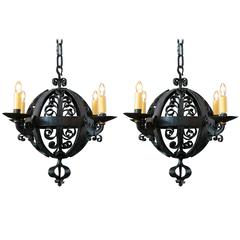 Pair Black Spanish Hand-Forged Iron Globe Chandeliers circa 1960