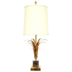 Stylish French, Maison Charles Style, 1970s, Gilt-Metal & Chrome Palm-Frond Lamp