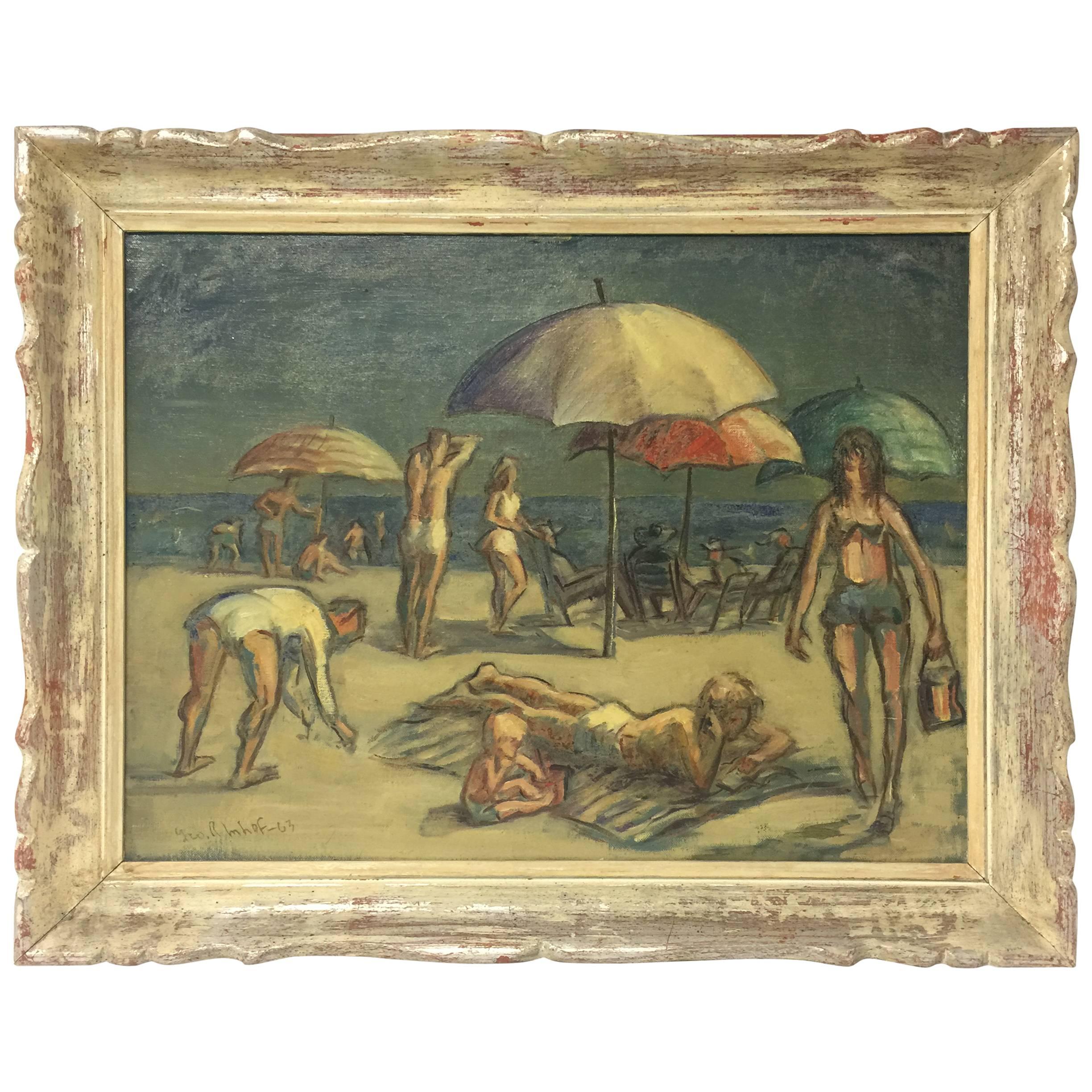 New Jersey Beach Scene Oil on Canvas Painting Signed Imfof, Modern Period Frame