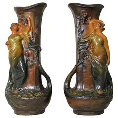 Amazing Pair of Art Nouveau Vases, Belgium, circa 1900, Signed