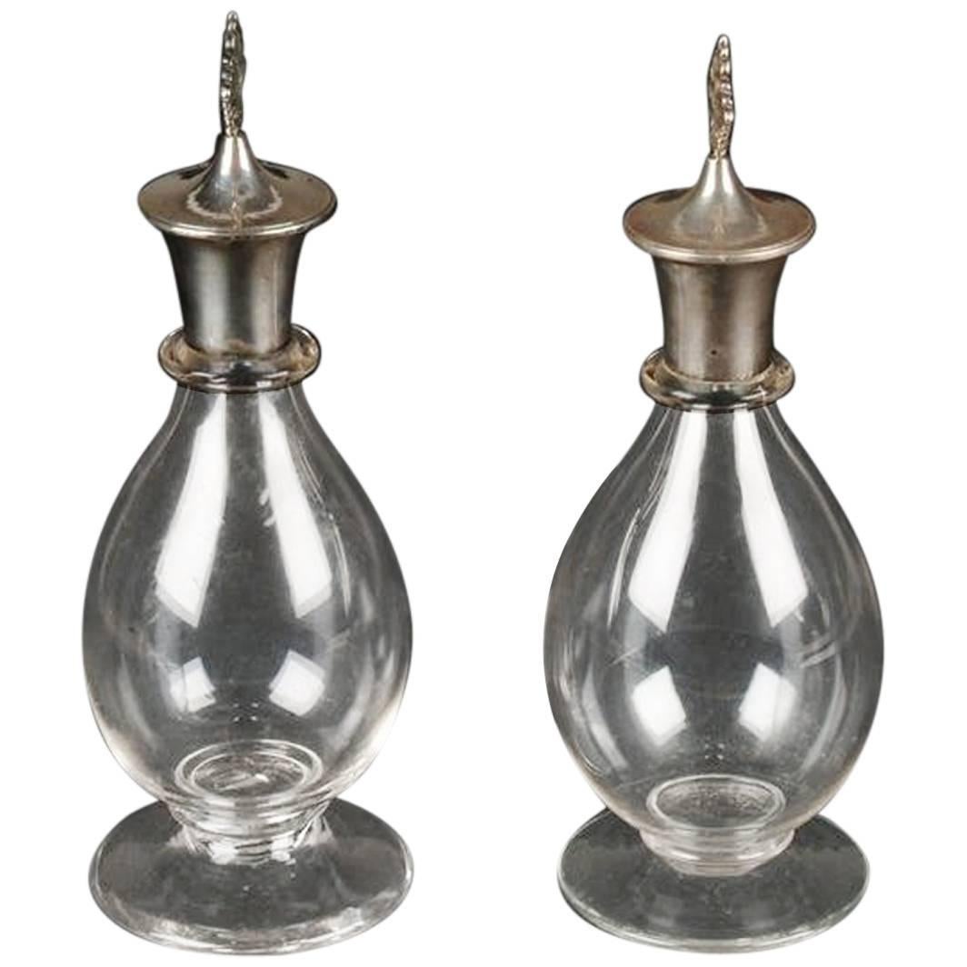 Greenwood and Watts. A Pair of Gothic Revival Silver Mounted Glass Decanters. For Sale
