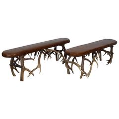 Pair of Continental Antler and Leather Upholstered Benches