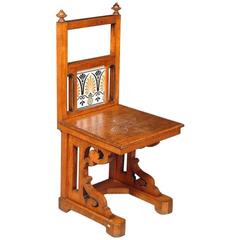 Gothic Revival Oak Hall Chair, with a Inset Tile Designed by Dr C Dresser