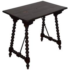 Spanish Walnut and Inlaid Side Table with Iron Stretcher, 19th Century