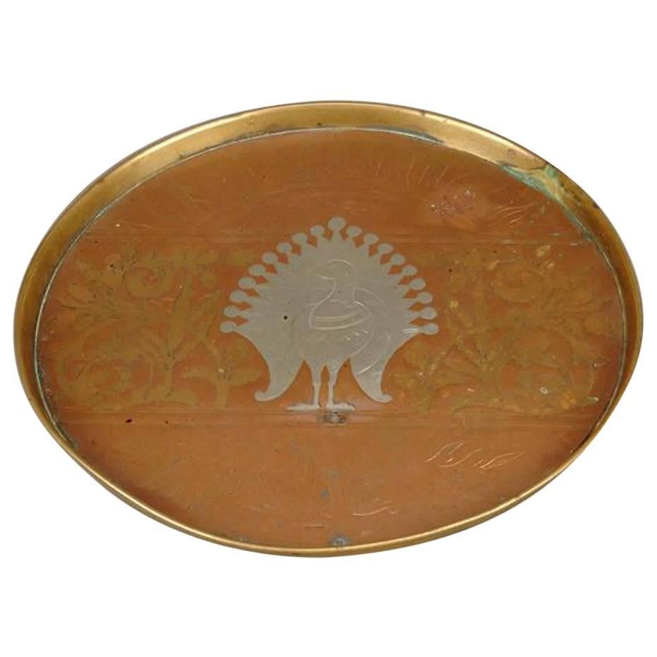 Copper, Pewter and Brass Peacock Plate by Dr C Dresser