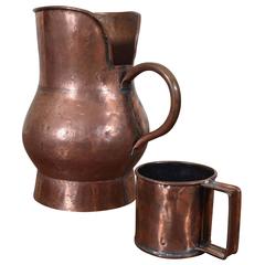 Antique French Copper Pitcher and Mug, 19th Century
