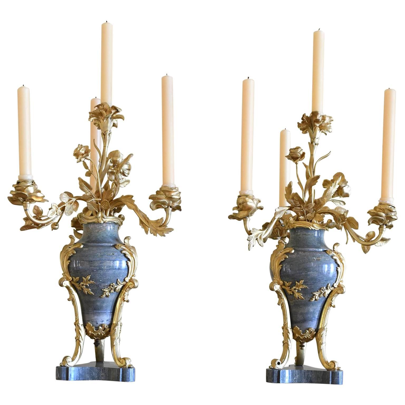 Pair of 19th Century Green Marble Vase Candelabra with Bronze Doré Mounts