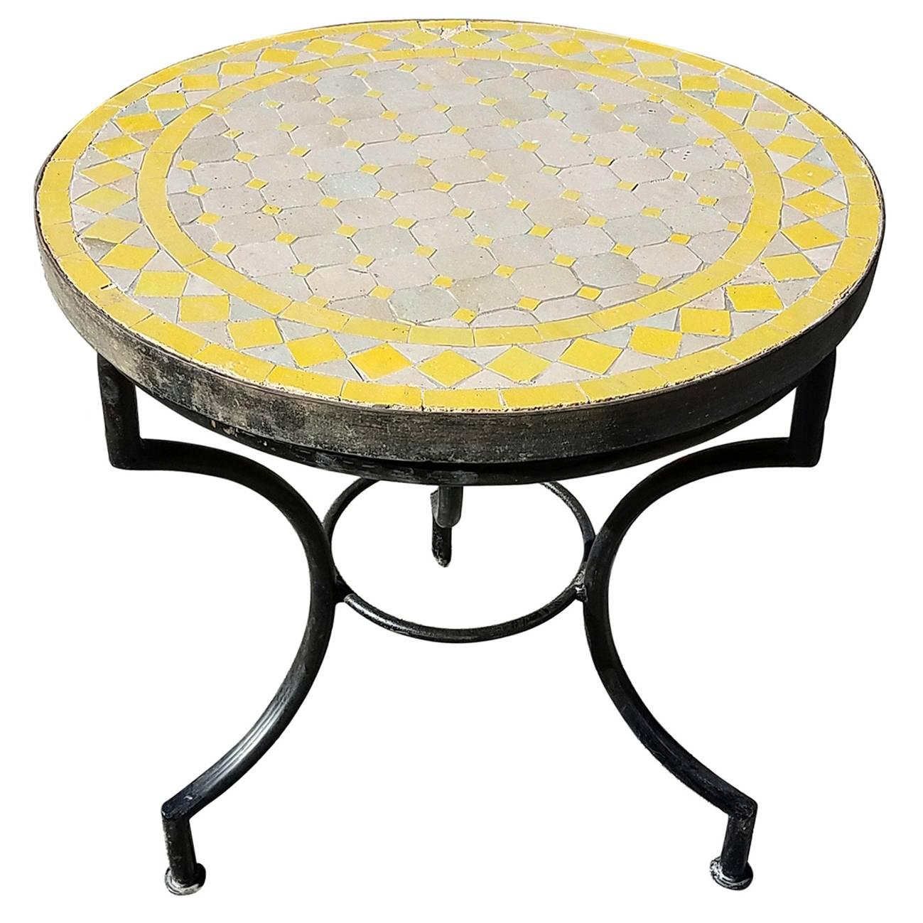 Yellow / Tan Moroccan Mosaic Table, Wrought Iron Base For Sale