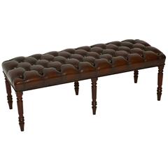 Antique Deep Buttoned Leather Stool on Mahogany Legs