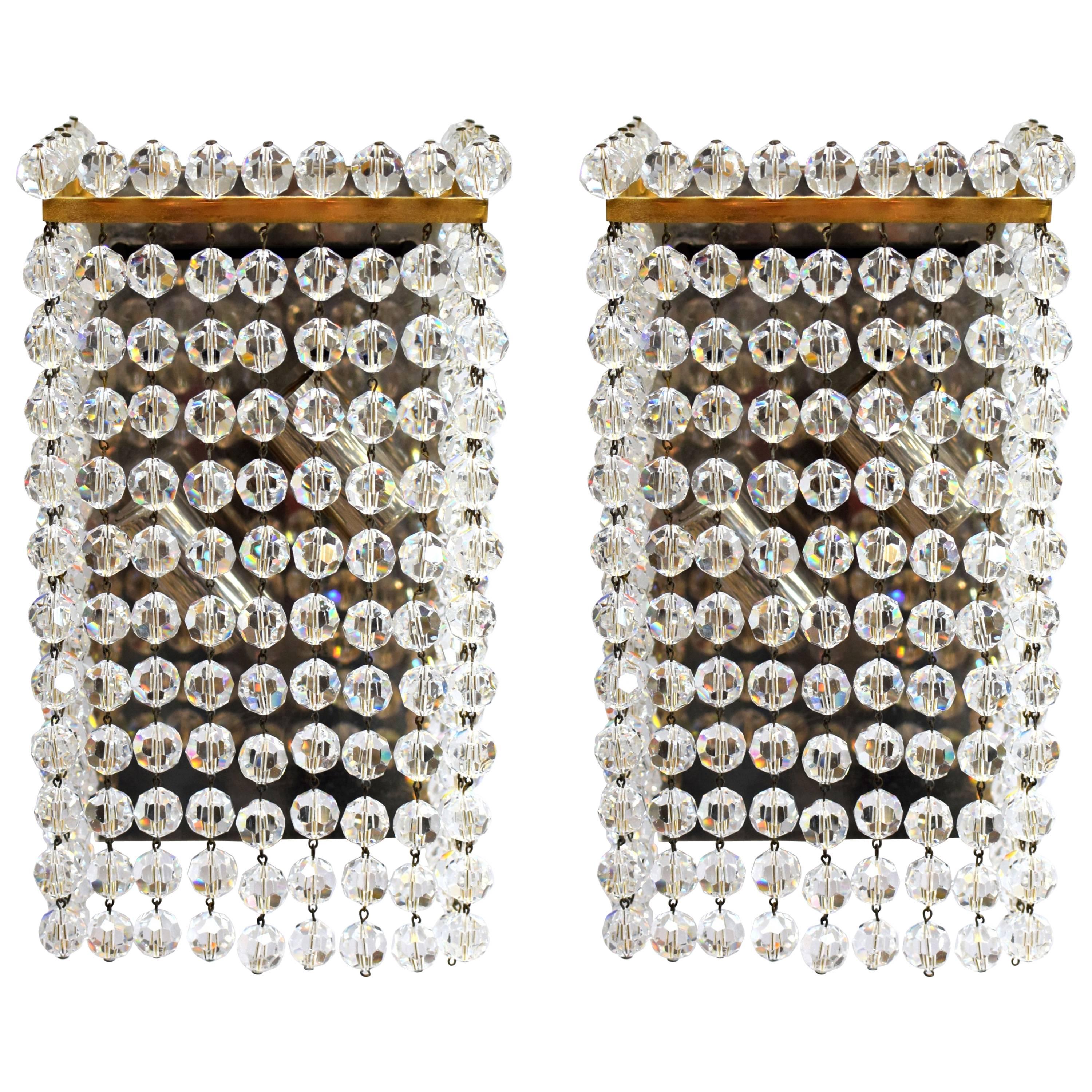 Pair of Large Lobmeyr Square Gold-Plated, Hand-Cut Crystal and Brass Sconces For Sale