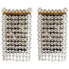 Pair of Large Lobmeyr Square Gold-Plated, Hand-Cut Crystal and Brass Sconces