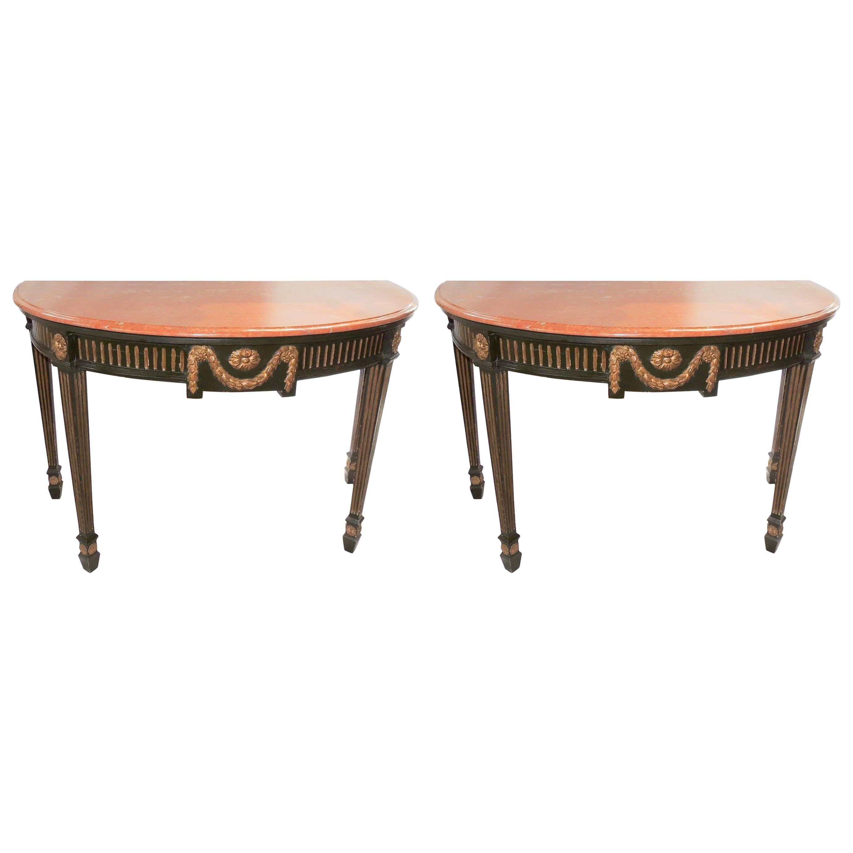 Wonderful French Pair Regency Marble-Top Green Gold Gilt Demilune Console Tables
