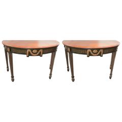 Wonderful French Pair Regency Marble-Top Green Gold Gilt Demilune Console Tables 10