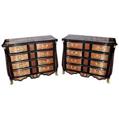 Pair of French Boulle Style Inlay Bombe Commodes Chests Drawers