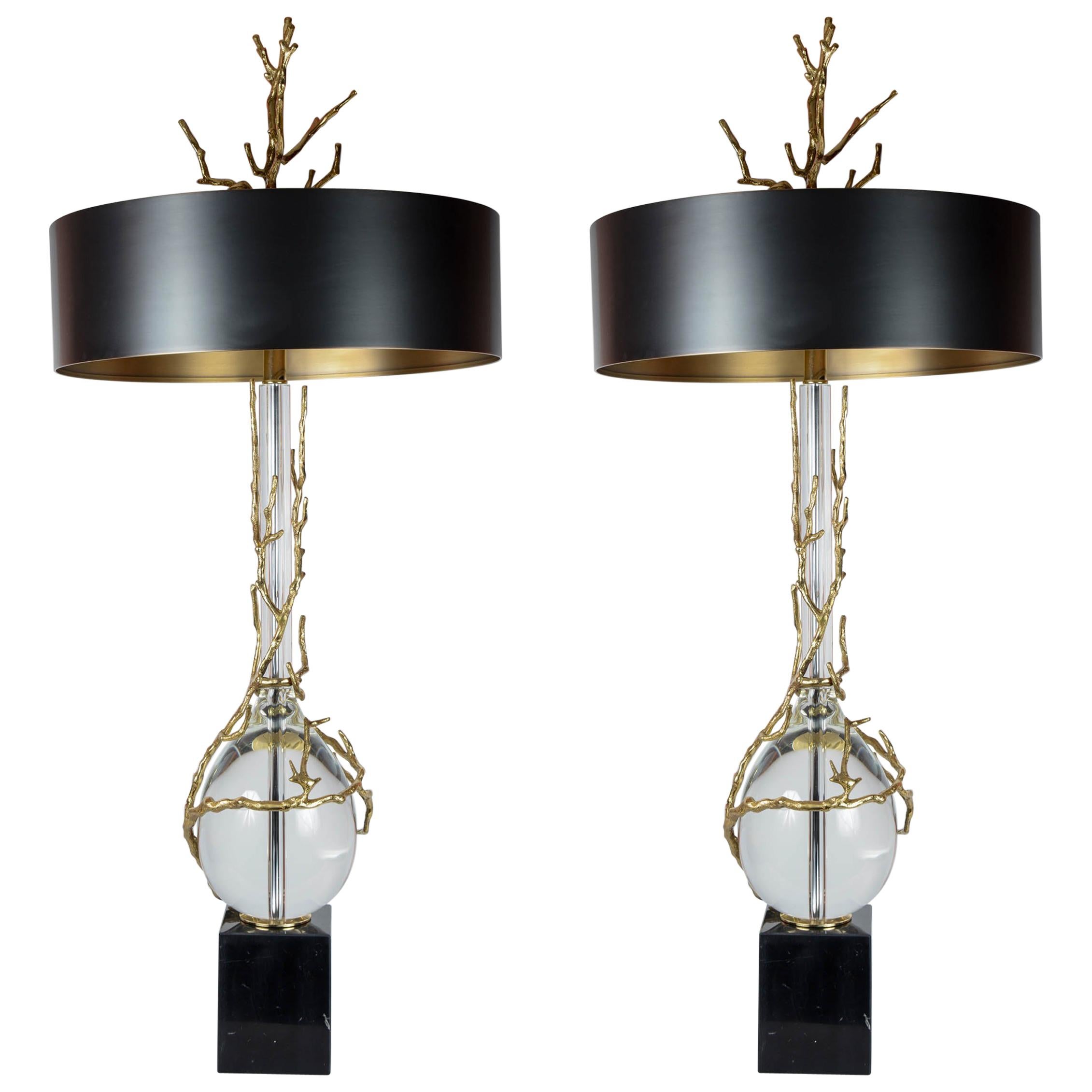 Pair of Bronze and Crystal Lamps in the Style of Maison Charles For Sale