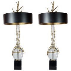 Retro Pair of Bronze and Crystal Lamps in the Style of Maison Charles