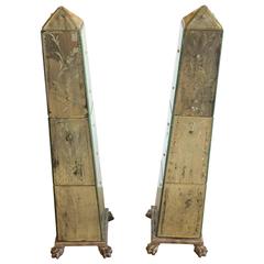 Glitzy Pair of Etched and Aged Mirrored Obelisks