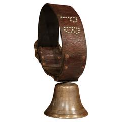 Early 20th Century Swiss Bronze Cow Bell with Leather Collar Dated 1911