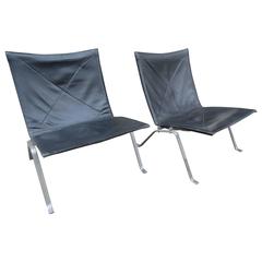 Poul Kjaerholm PK22 Pair of Leather and Steel Lounge Chairs