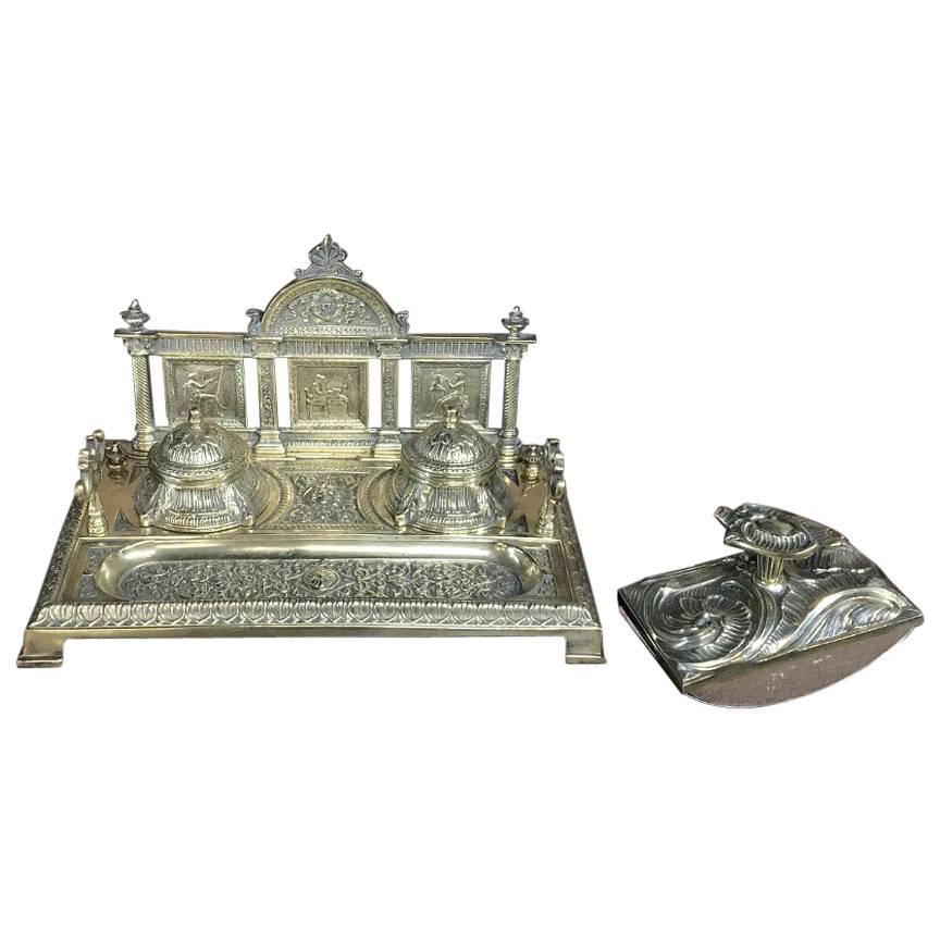 19th Century Bronze Neoclassical Inkwell and Blotter Set