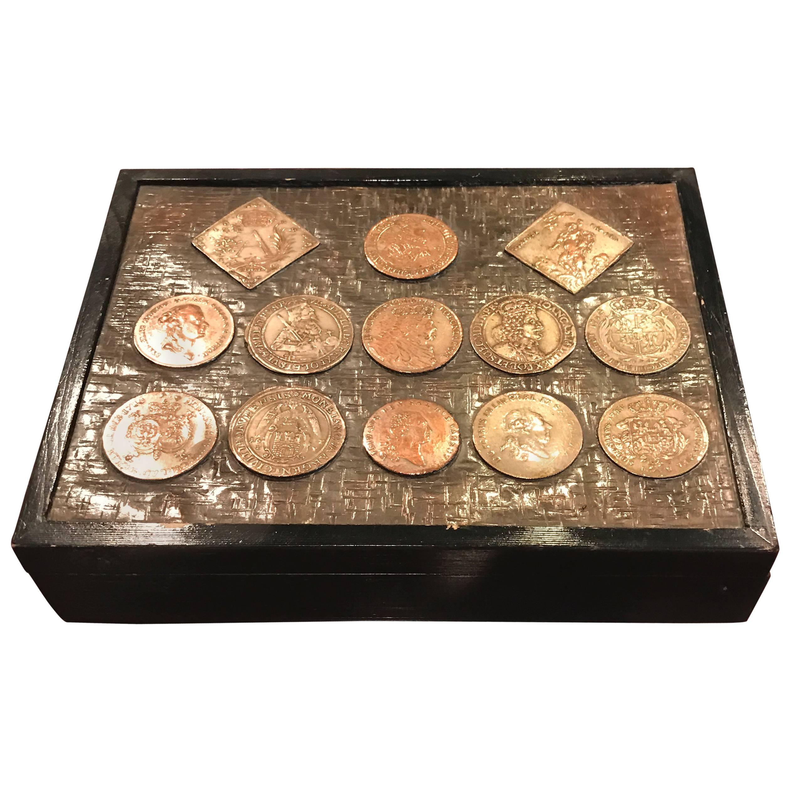 Vintage Lidded Box with Countersunk Coins For Sale