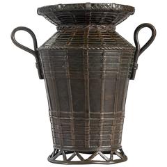 Antique A Japanese Bronze Basket Vase with Handles
