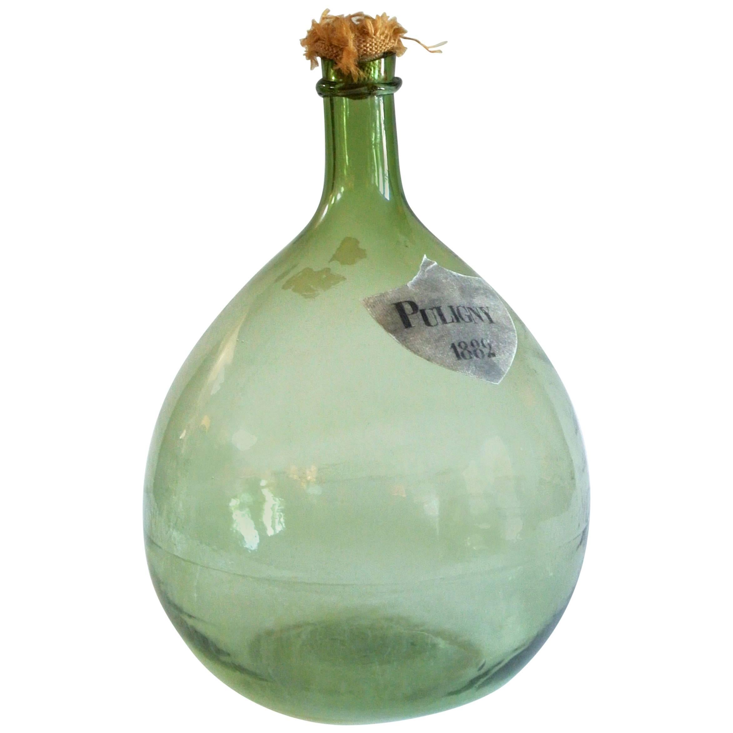 Green Blown Glass Bottle with "Puligny 1882" Label from Italy 