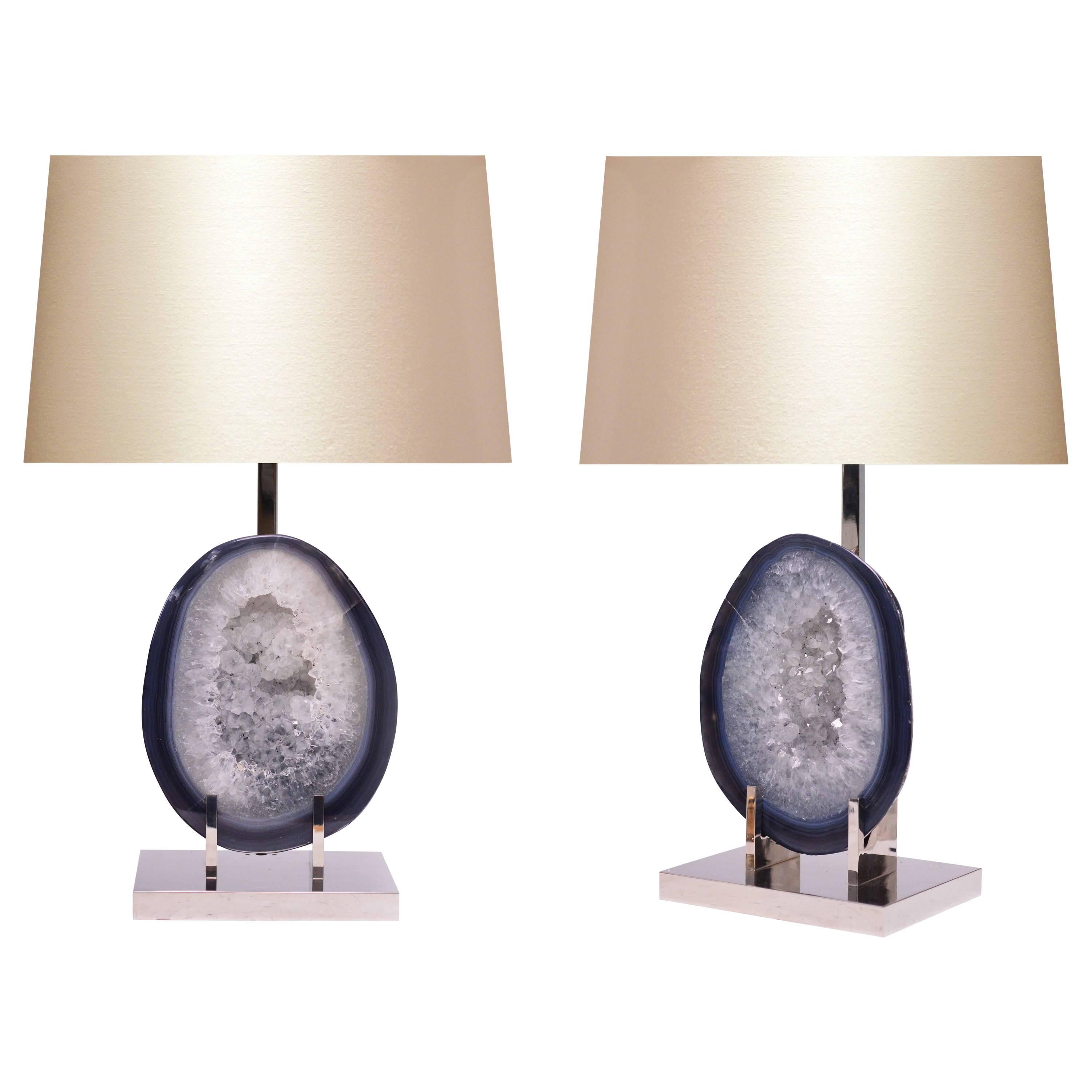 Pair of Grayish Blue Natural Agate Lamps﻿