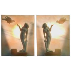 Stunning Pair of Sculpted Art Deco Alabaster Lamps