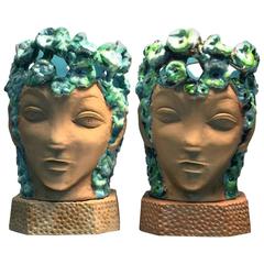 Fantastic Raymor Pair of Italian Terracotta Glazed Bacchante Head Lamps