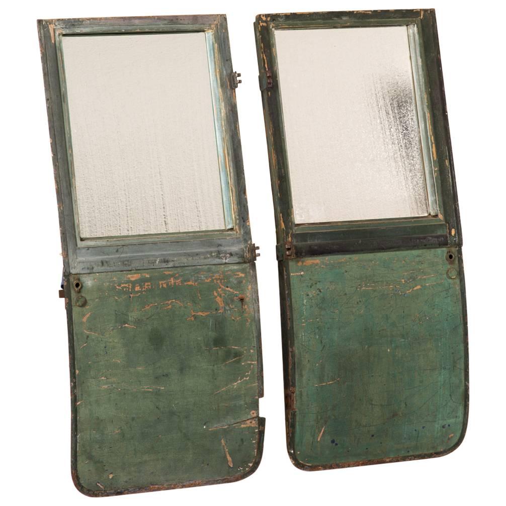 1950s English Pair of Mirrors Made from Green Carriage Doors For Sale