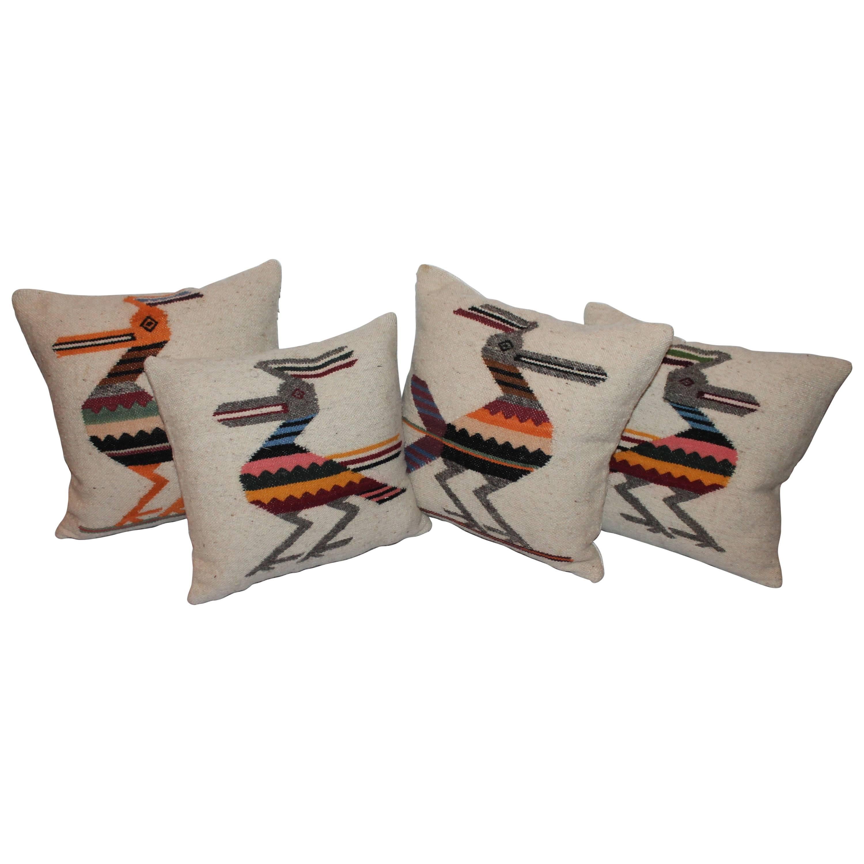 Folky Collection of Four Road Runner Mexican  Indian Weaving Pillows