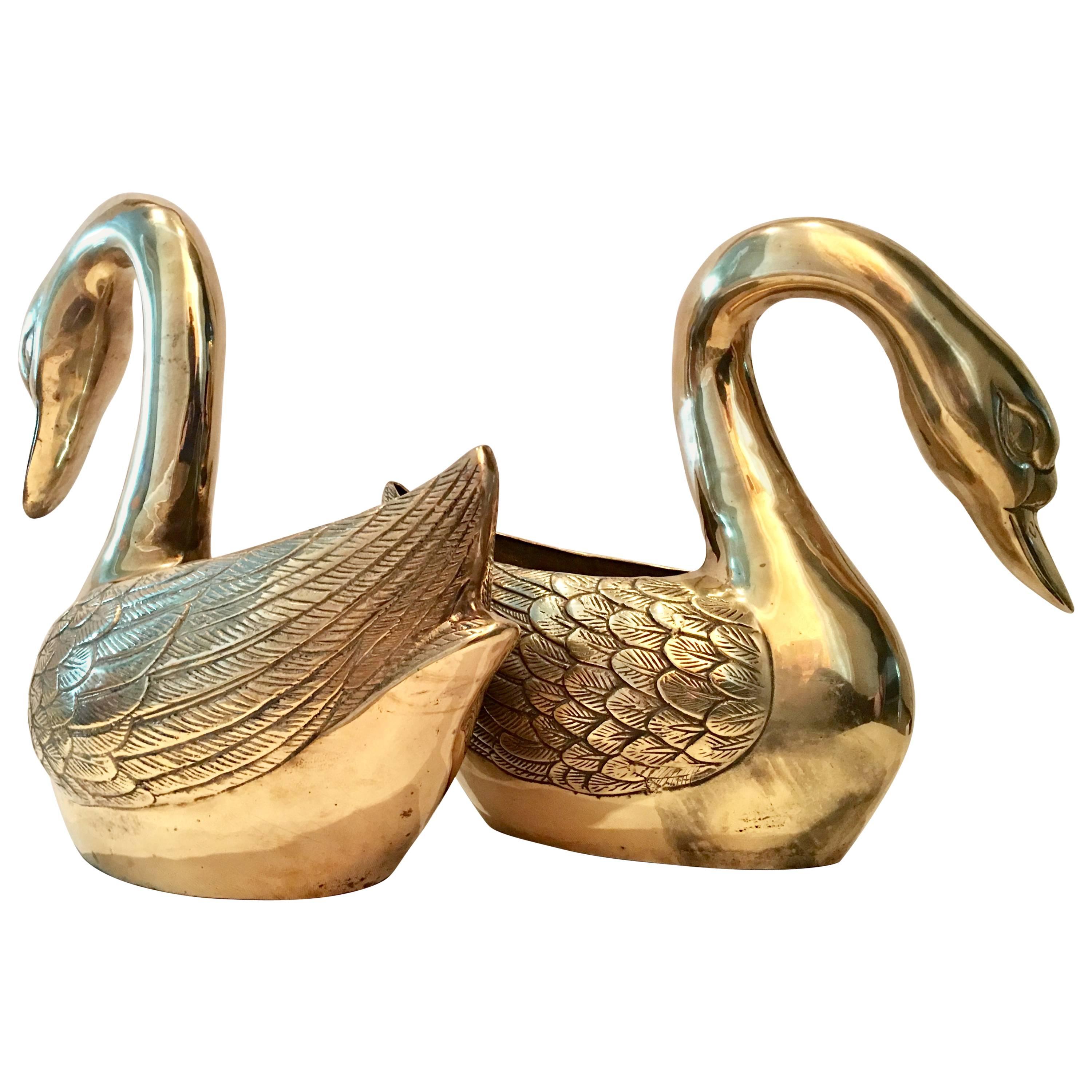 Pair of Large Brass Swan Planter Sulptures
