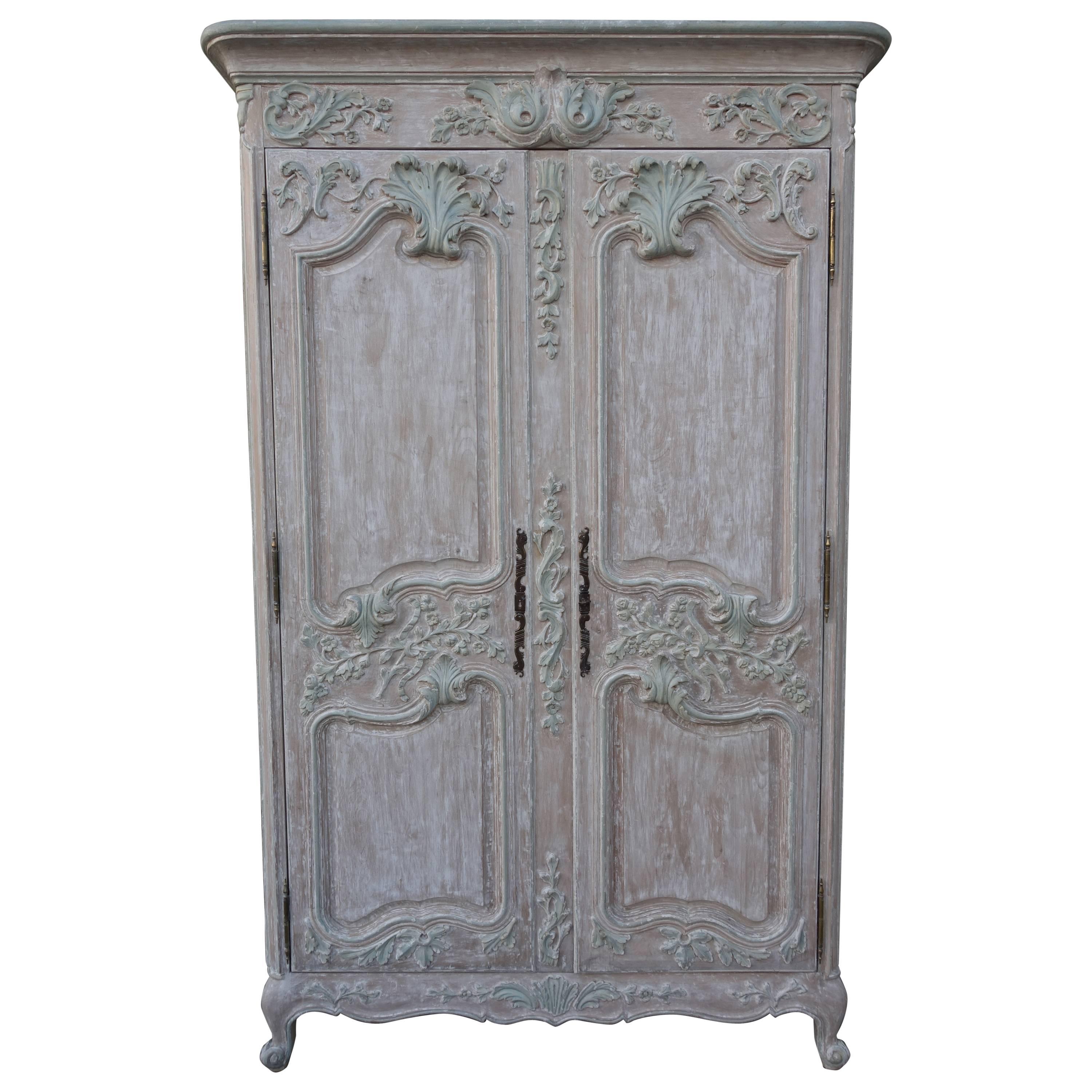 French Louis XV Style Carved Painted Armoire