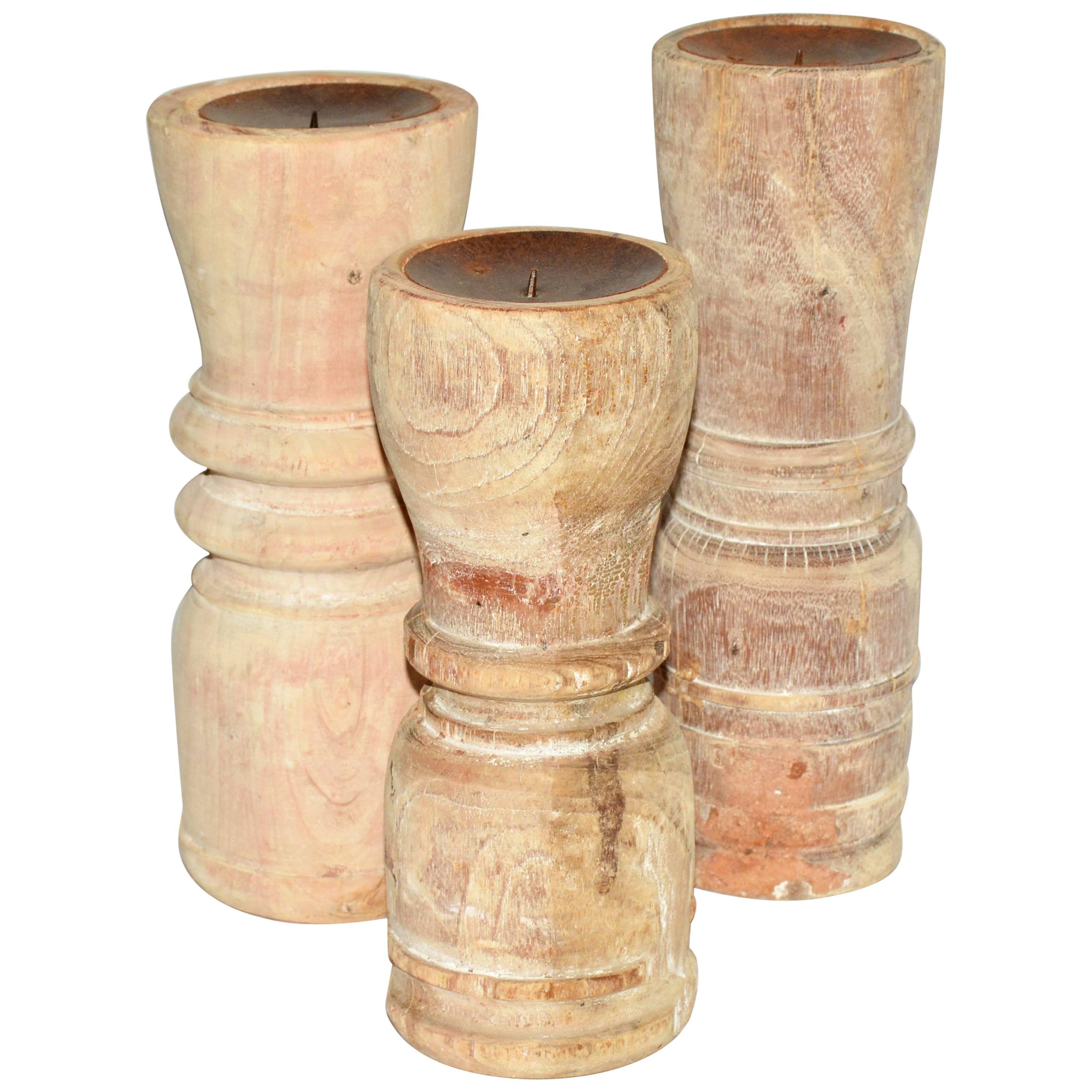 Three Rustic Teak Candleholders