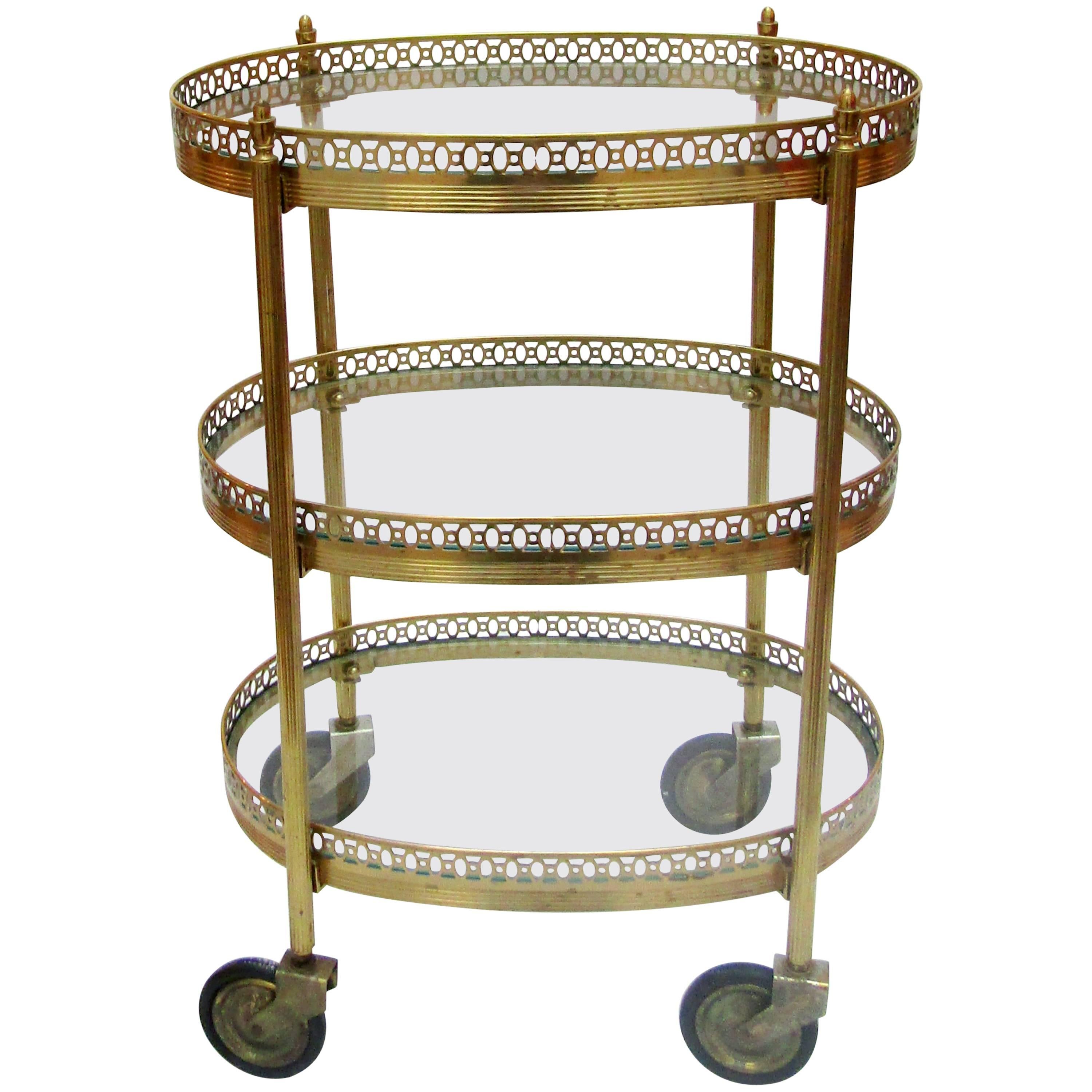 French 1960s Oval Brass and Glass Bar Cart